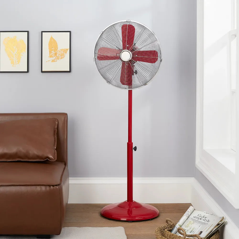 16 Inch Retro 3-Speed Metal Stand Fan - Red with Oscillation, Adjustable Height