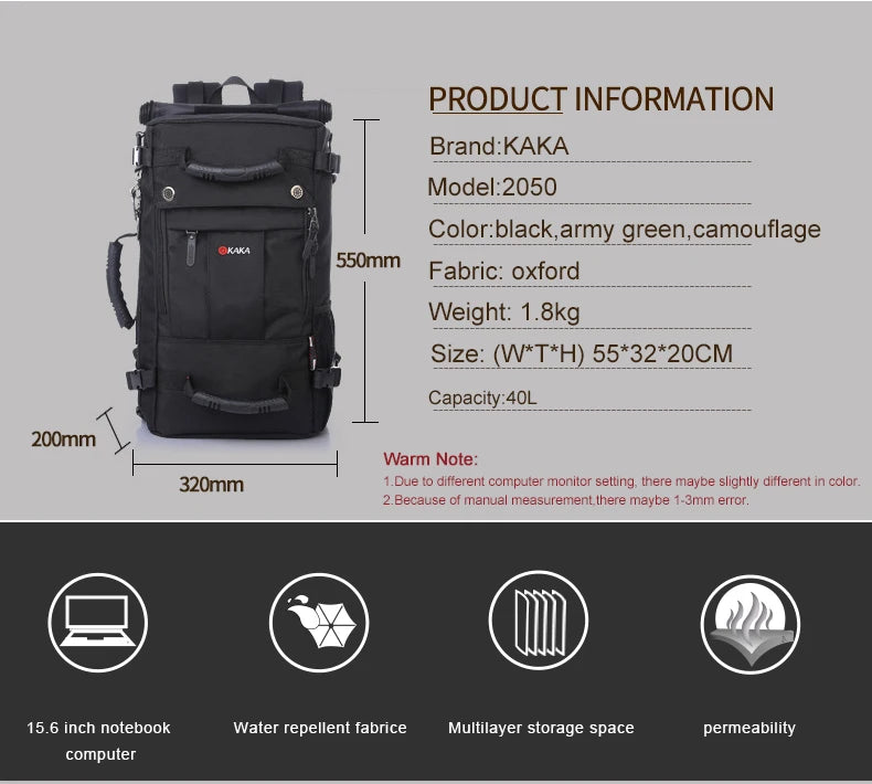 Men Backpack Travel Bag 40L Waterproof 15.6 Laptop