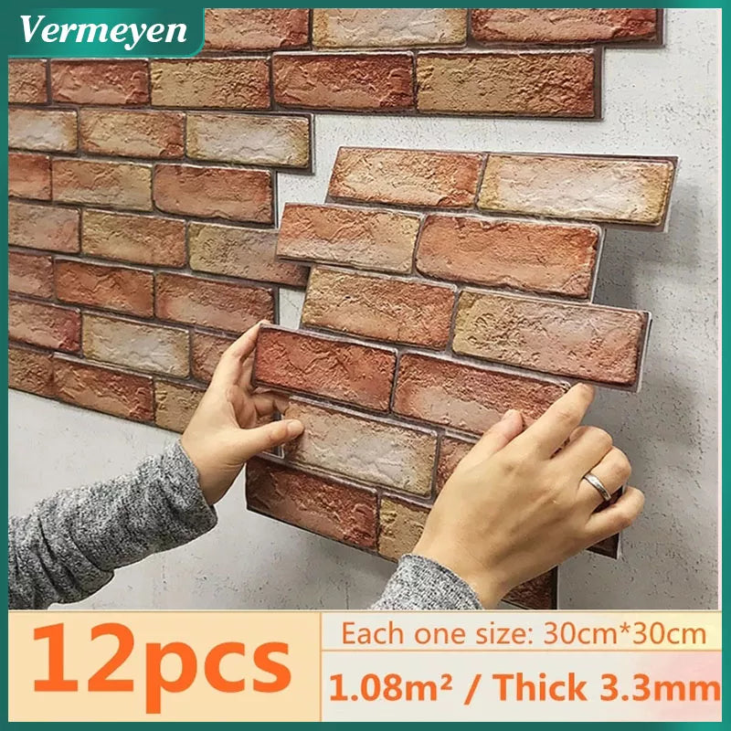 12pcs 3D Brick Wall Sticker Self-Adhesive PVC Wallpaper