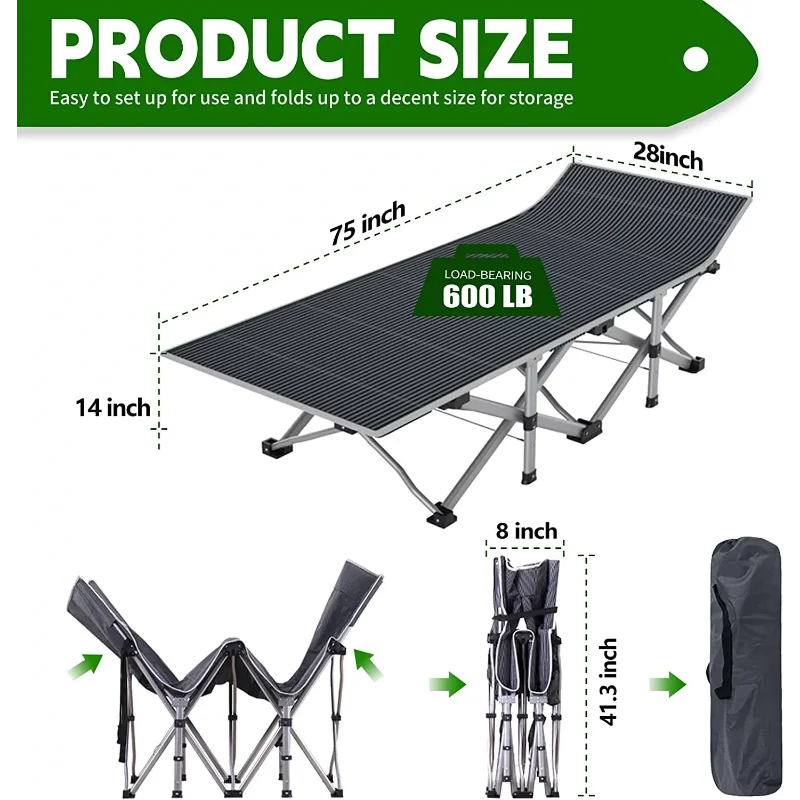 Portable Folding Bed 74.8in x 28 in x 14.6 in with Carry Bags and Mattress Pad