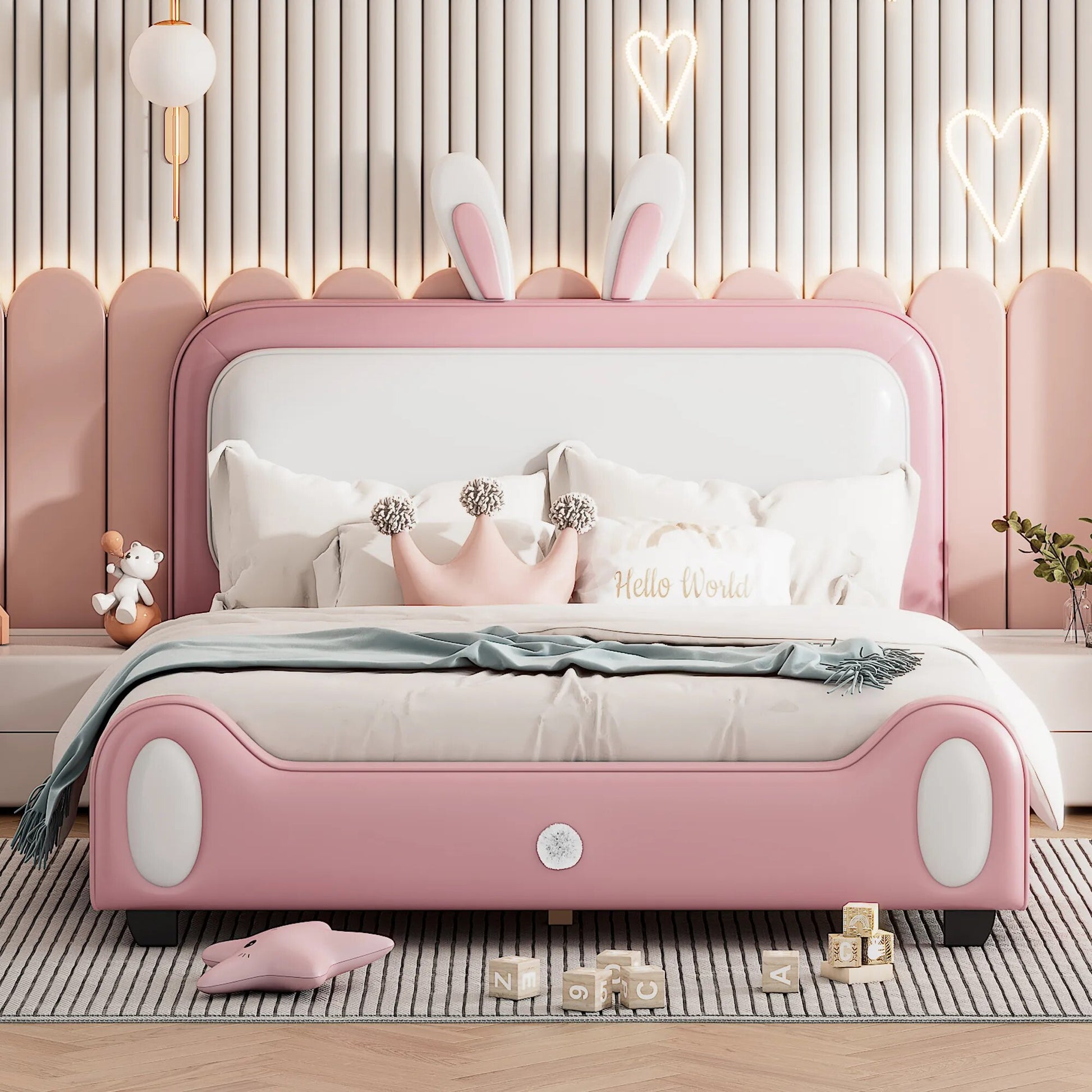 Full/Twin Size Upholstered Rabbit-Shape Princess Platform Bed - fitnessandhomestore