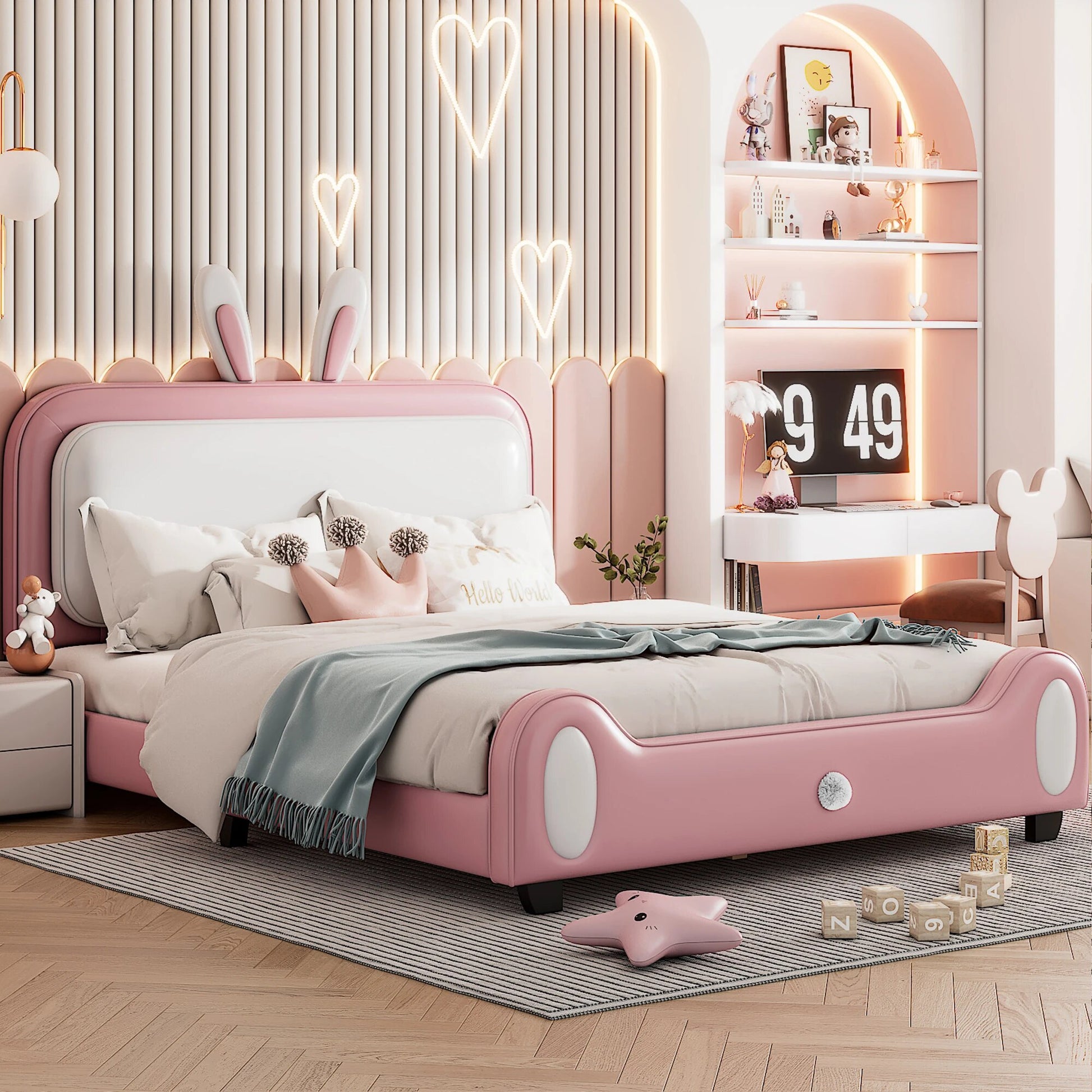 Full/Twin Size Upholstered Rabbit-Shape Princess Platform Bed - fitnessandhomestore